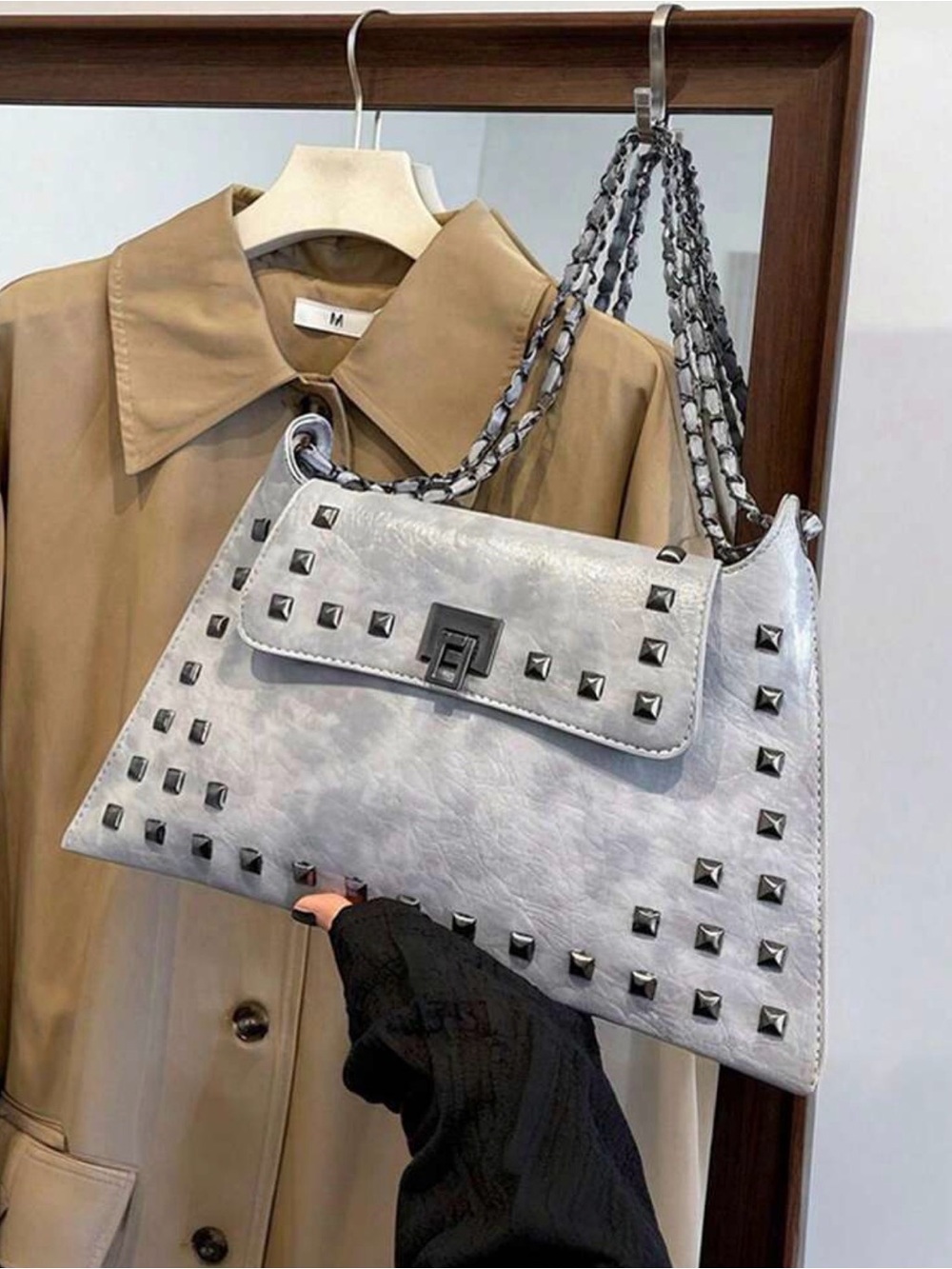 Studded Chain-Handle Shoulder Bag in Light Gray
